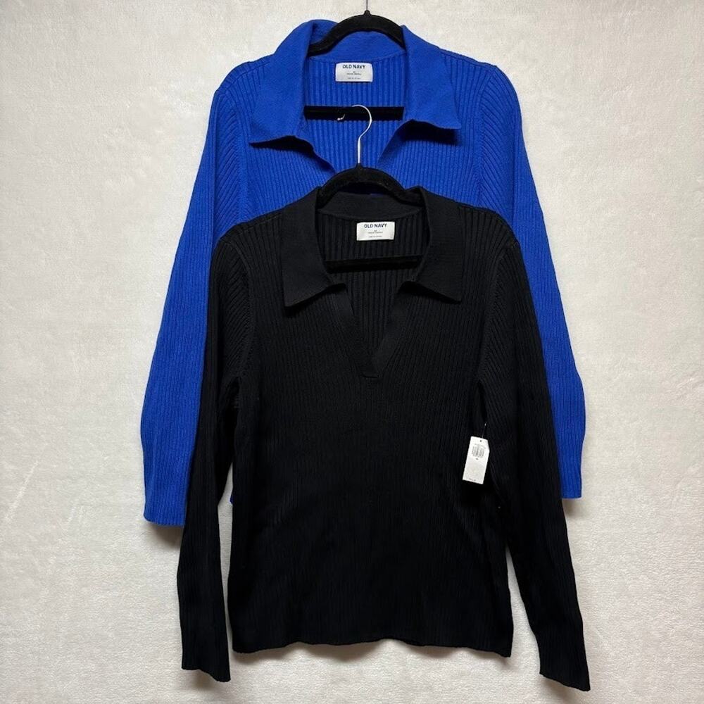 Old Navy Ribbed Collared V Neck Long Sleeve Sweater (2) Blue Black Plus Size 3X